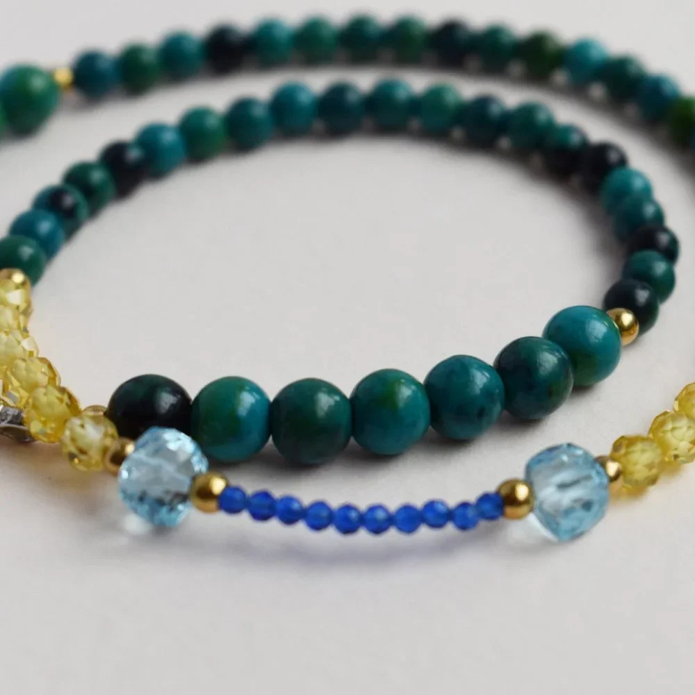 Colorful multi stone bead necklace short, unusual tiny gemstone crystal choker